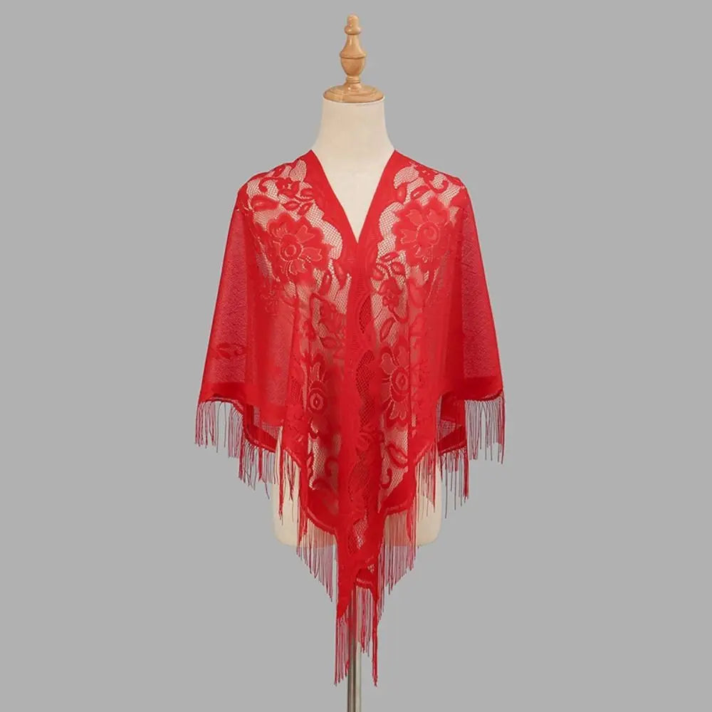 Floral Lace Fringed Wrap Scarf for Layering over Outfits