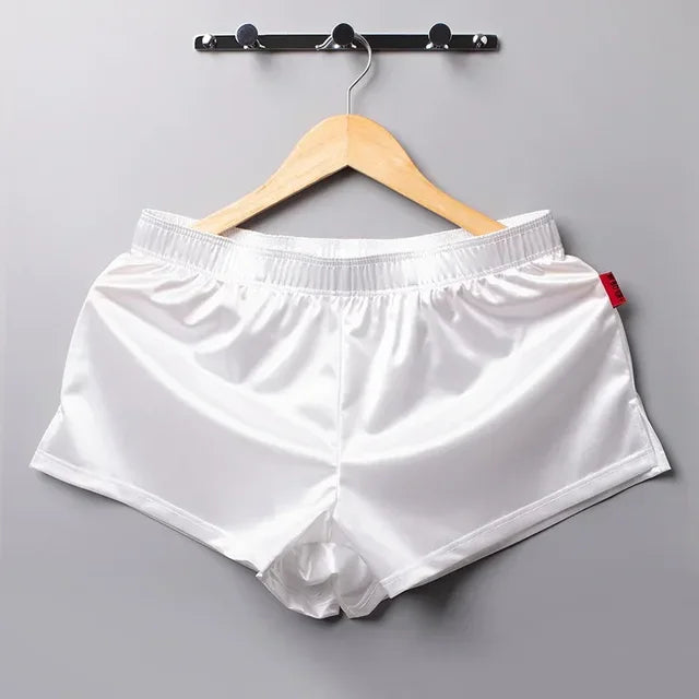 Men's Glossy Solid Split Hem Boxer Style Sleep Shorts