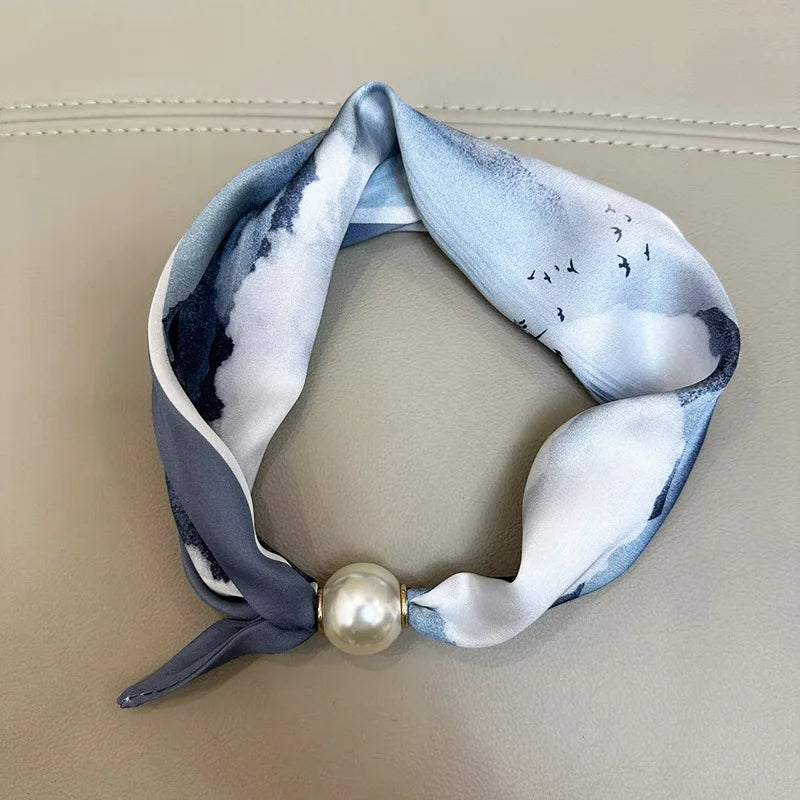Printed Neck Scarf with Decorative Pearl Style Clasp Options