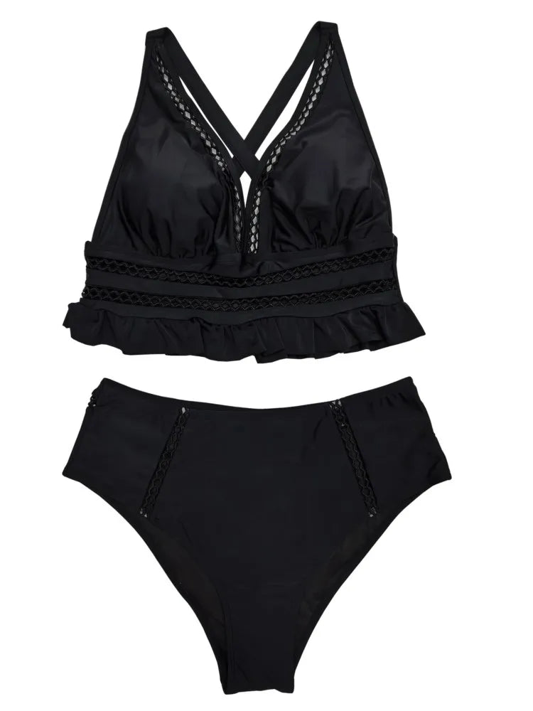 Women's Ruffle Hem Mesh Trim Top and High Waist Bikini Set