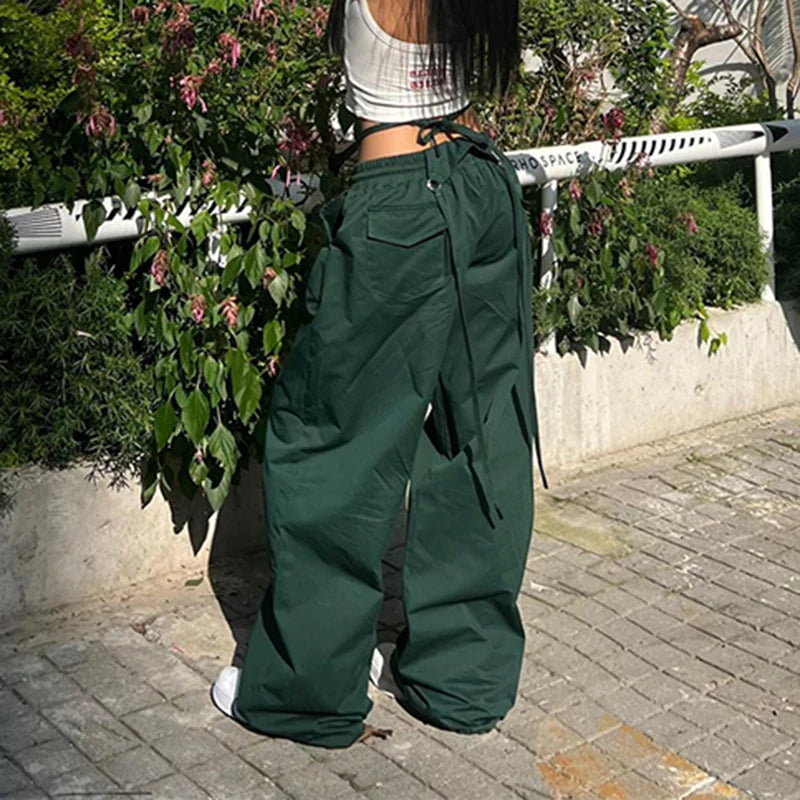 Women's Wide Leg Cargo Pants with Lace Up Waist Details
