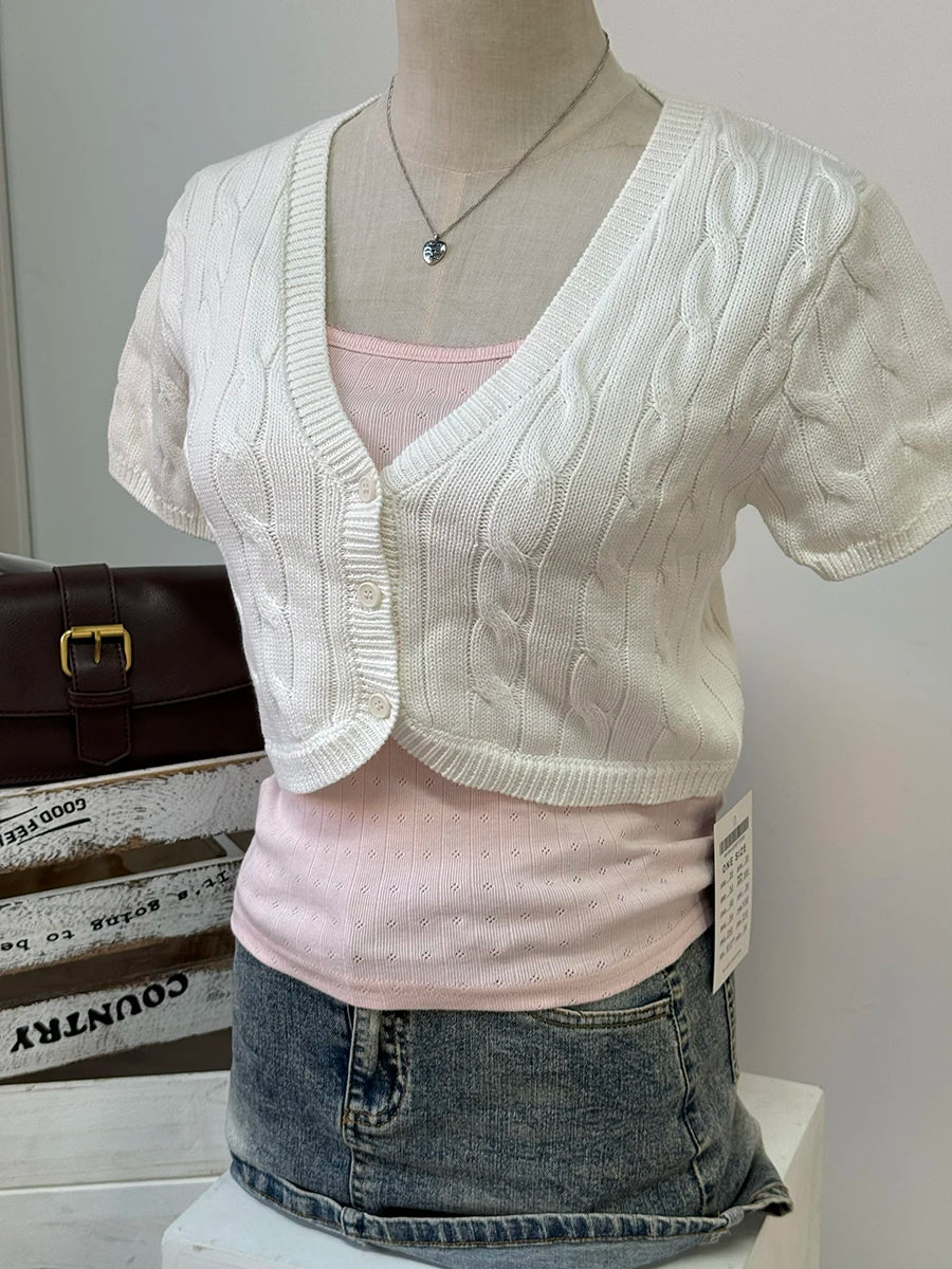 Women's Cropped V Neck Button Front Cardigan Casual Knit Layer