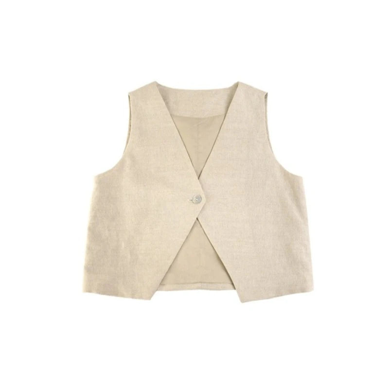Women's Cotton-Linen Sleeveless V-Neck Button-Front Vest Top for Casual Summer Everyday Outfits