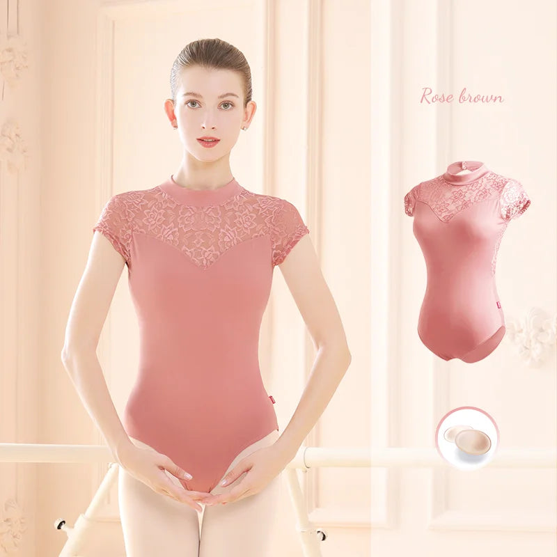 Women's High Neck Ballet Leotard with Lace Panels and Back Cutout