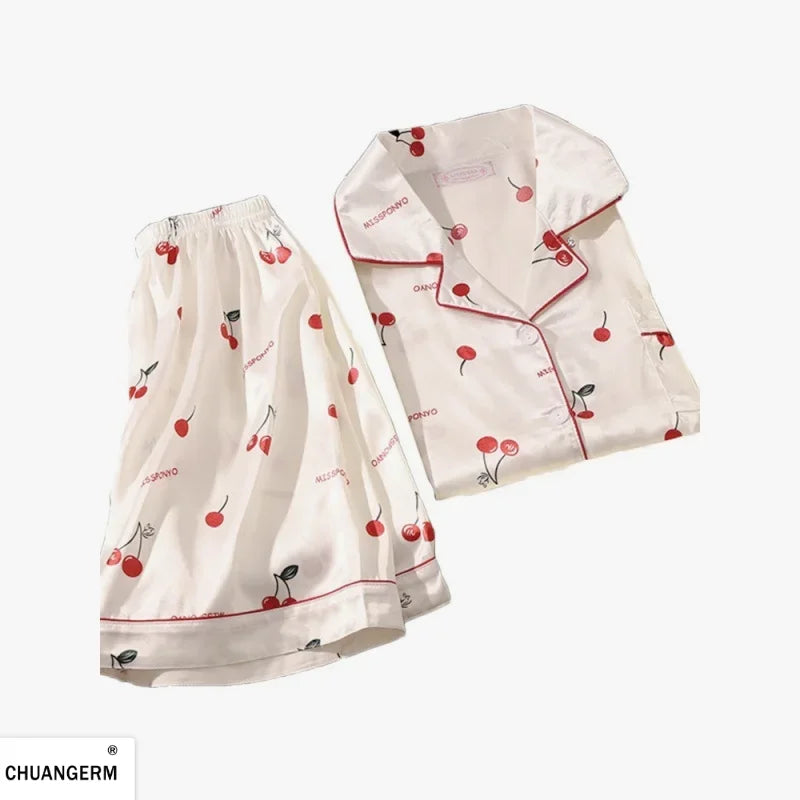 Women's Cherry Print Button Front Pajama Set with Top and Shorts