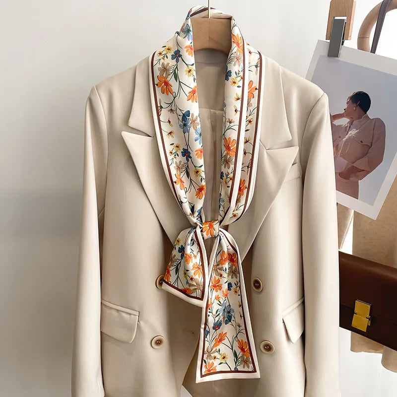 Printed Long Narrow Scarf with Decorative Ribbon Shape