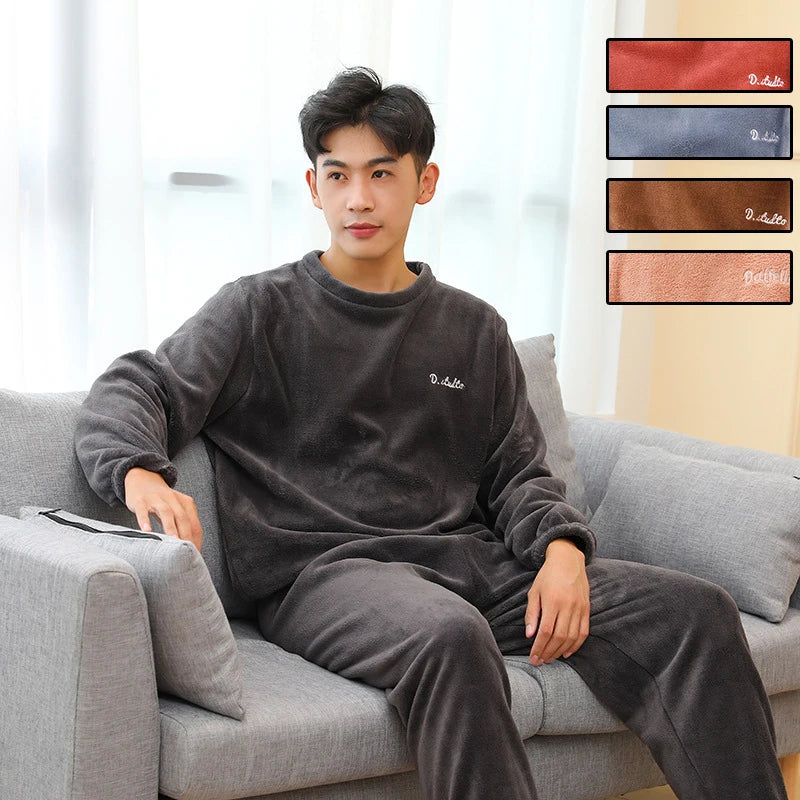 Men's Textured Long Sleeve Crew Neck Top and Pants Pajama Set