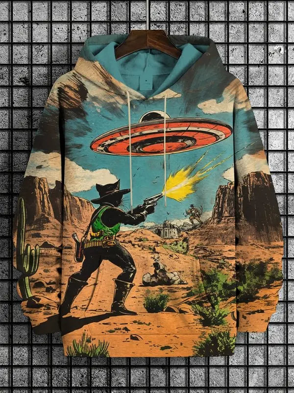 Cat Dinosaur and UFO Graphic Long-Sleeve Pullover Hoodie