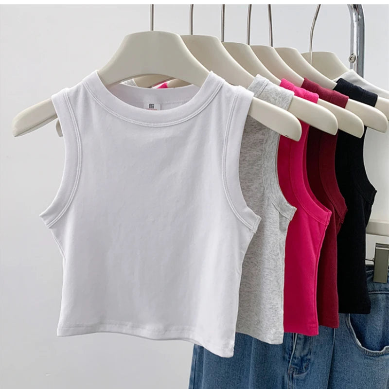 Women's Round Neck Cotton Blend Crop Tank Top with Sleeveless Cut