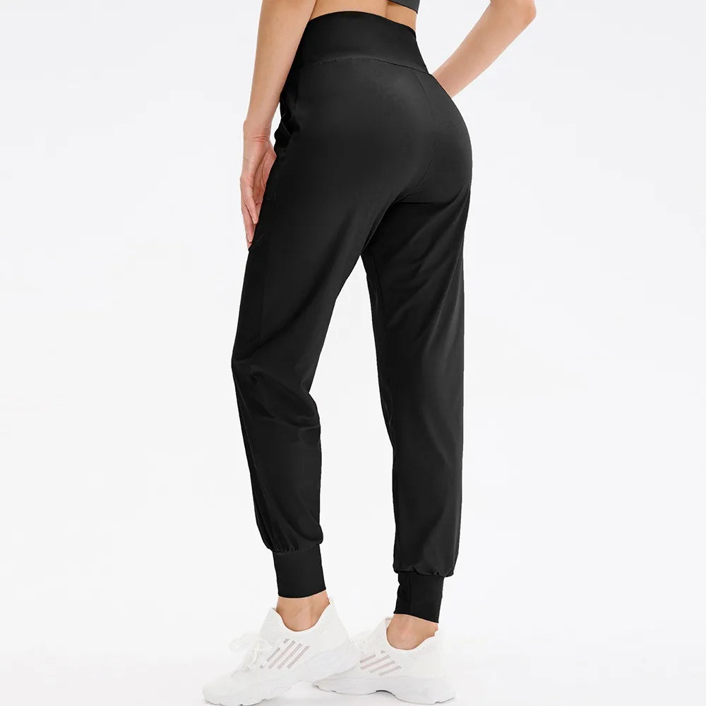 Women's High Waist Nylon Blend Workout Pants with Side Pockets and Cuffed Ankles