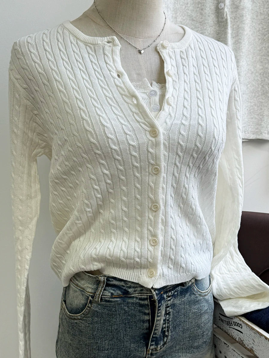 Women's Round Neck Button Front Cardigan Casual Knit Layer