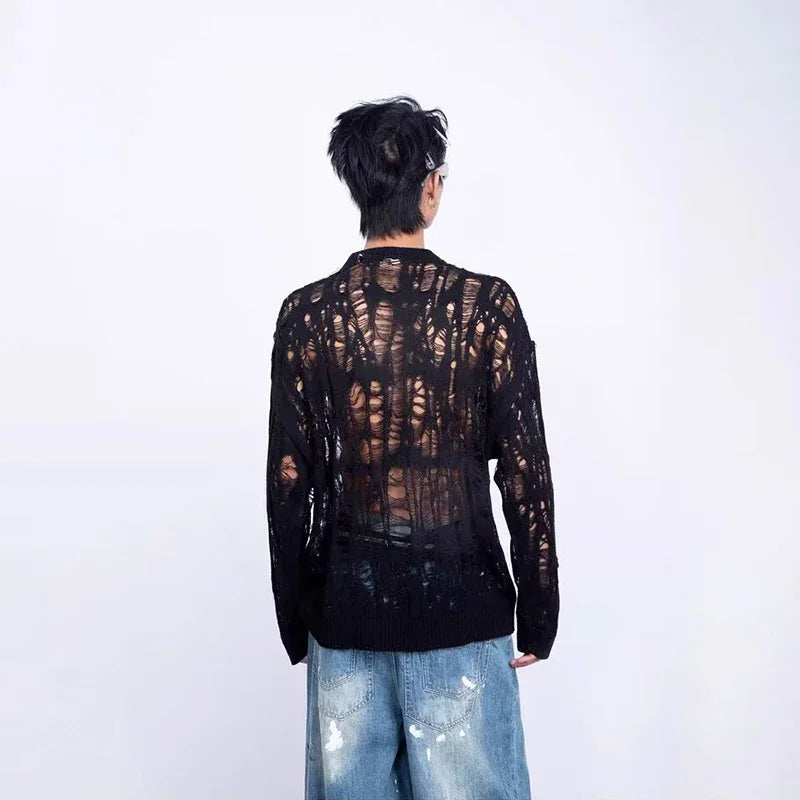 Men's Distressed Openwork Crew Neck Sweater