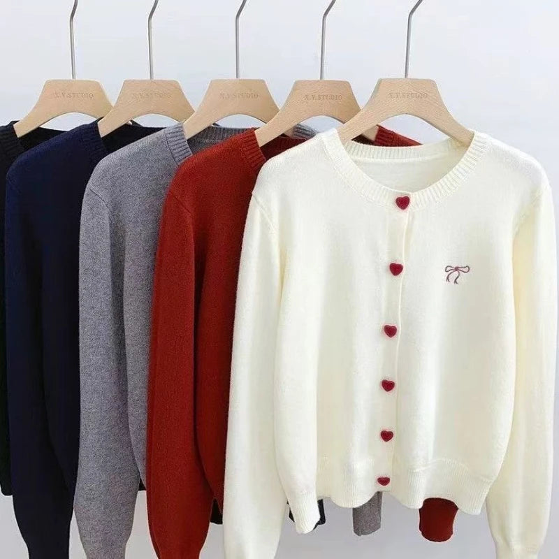 Women's Bow Embroidered Crew Neck Button Front Cardigan