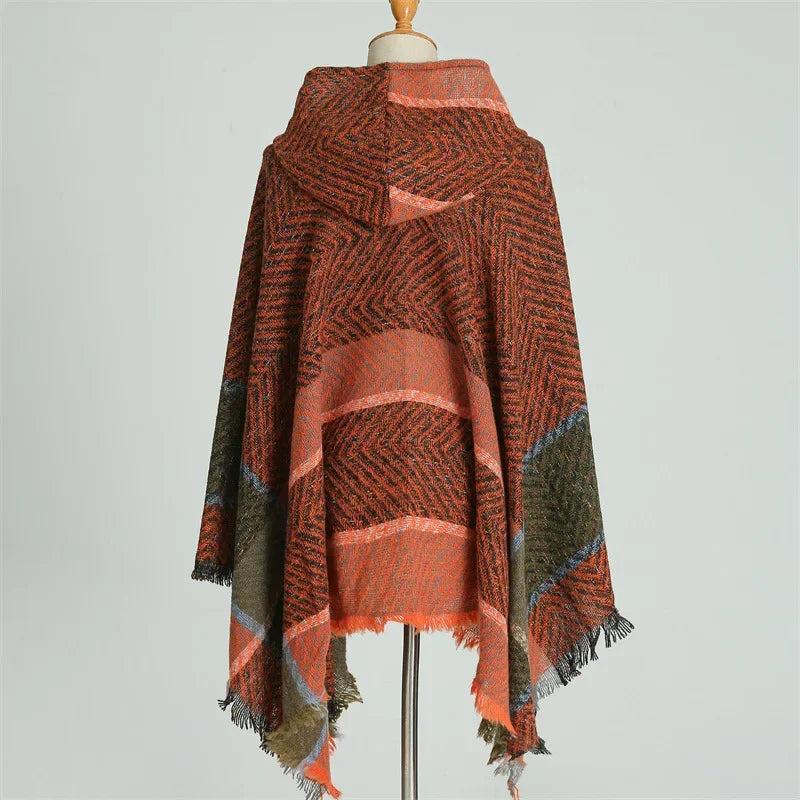 Hooded Stripe Fringe Poncho for Layering over Outfits