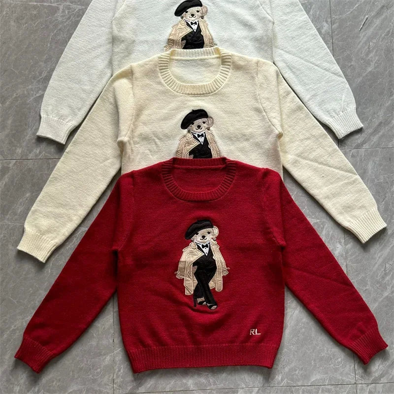 Women's Teddy Bear Graphic Crew Neck Sweater Casual Knit Layer