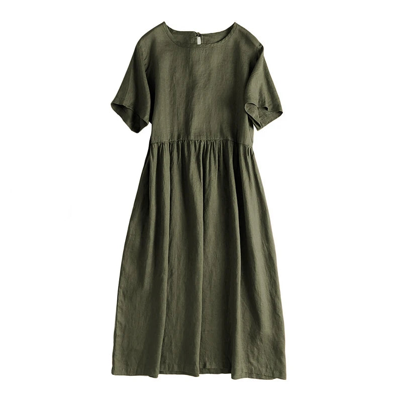 Women's Cotton-Linen Round-Neck Short-Sleeve Loose A-Line Midi Dress with Pockets for Summer