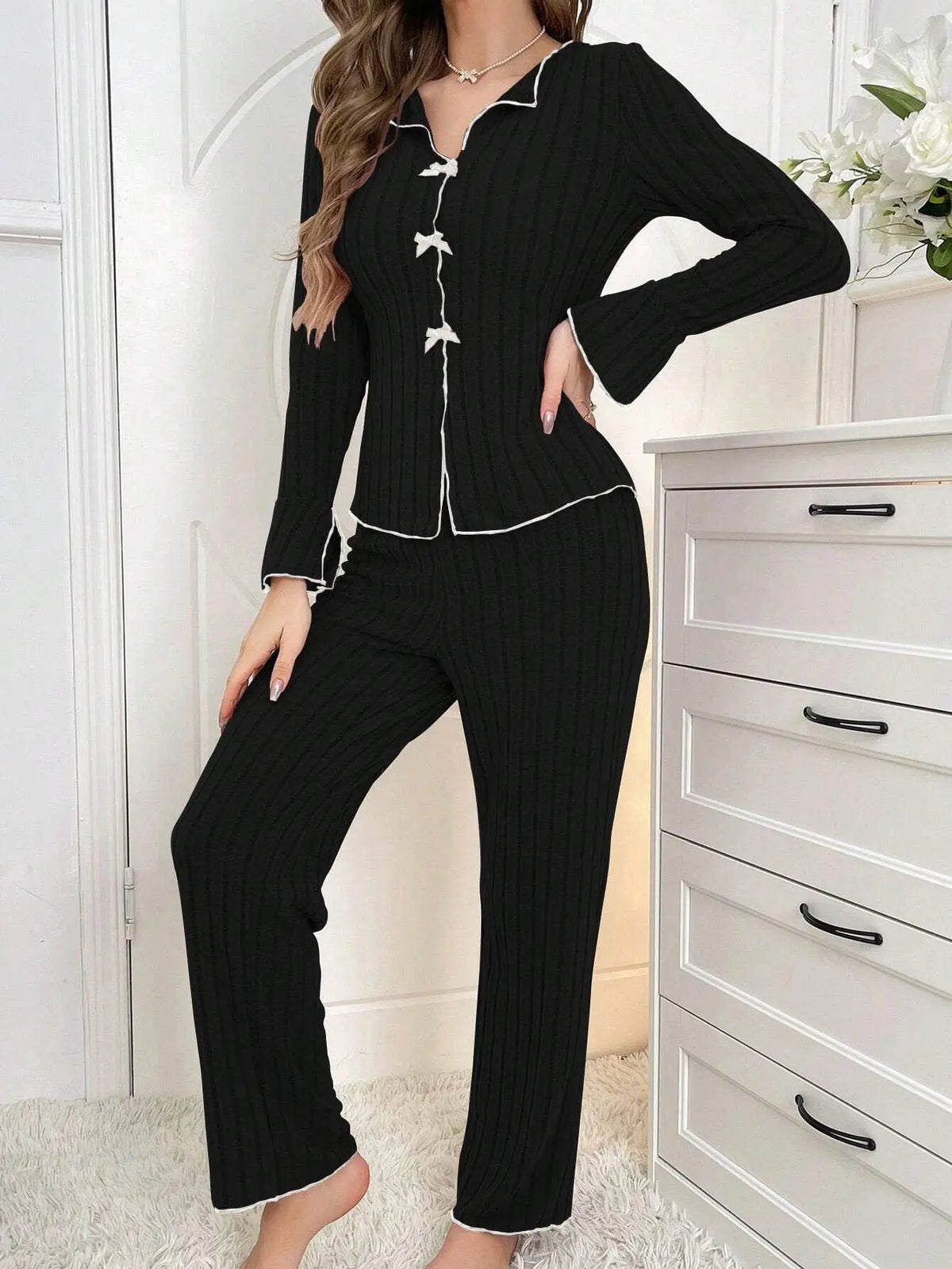 Women's Bow Front Ribbed Long Sleeve Pajama Set with Top and Pants