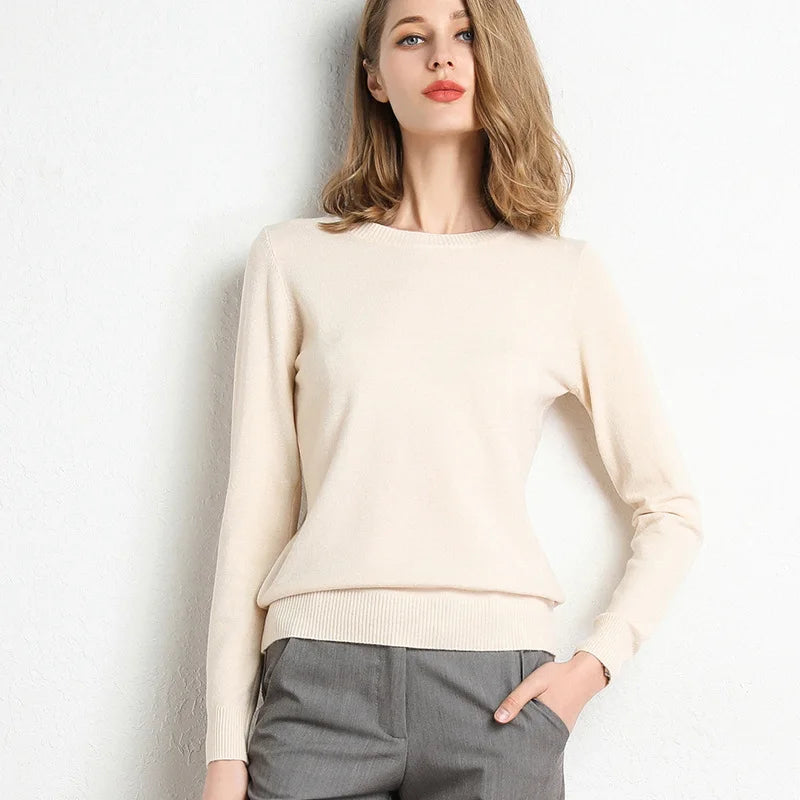 Women's Plain Crew Neck Long Sleeve Sweater Casual Knit Layer
