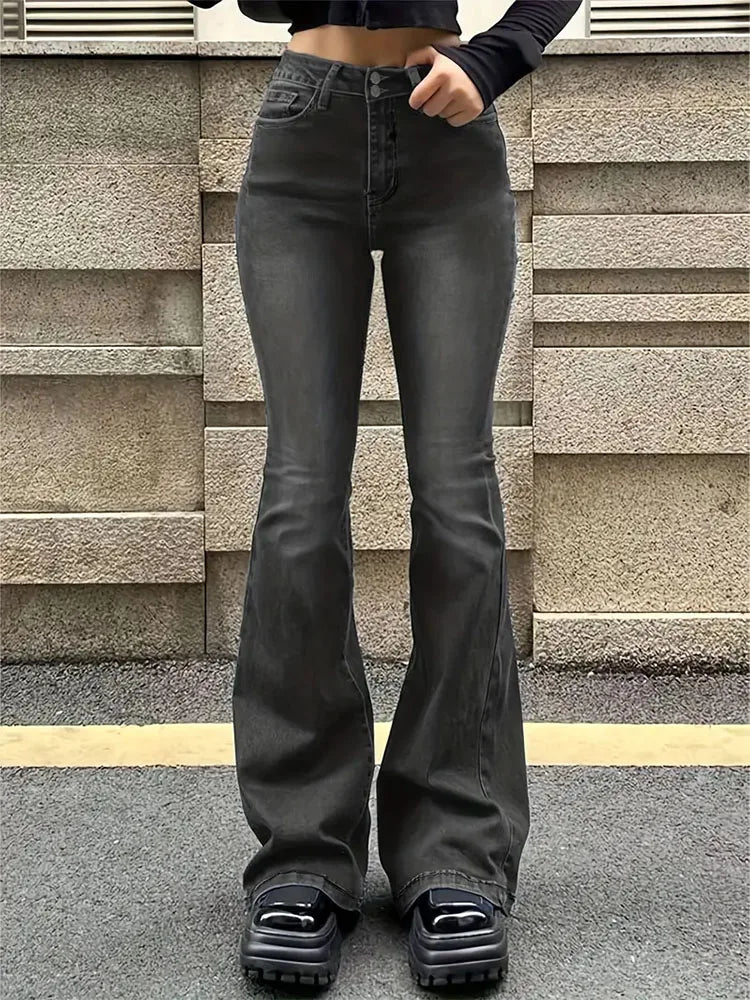 Women's Gray Blue Flared Leg Denim Jeans For Everyday Outfits