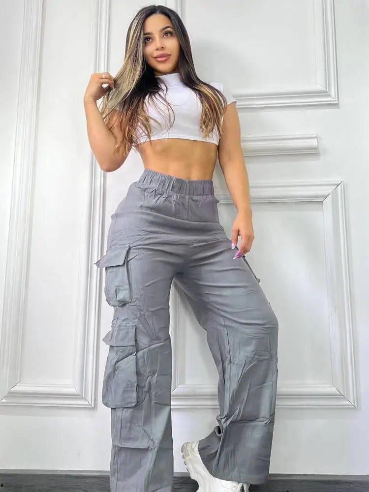 Women's Straight Cargo Pants with Elastic Waist and Large Side Pockets