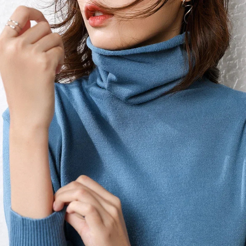 Women's Draped Roll Neck Fine Knit Sweater Casual Knit Layer