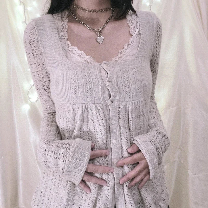 Women's Square Neck Lace Knit Sweater Casual Knit Layer