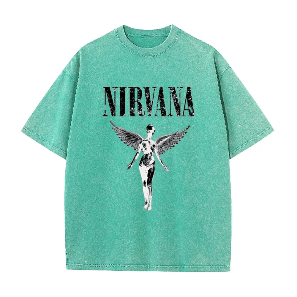 Vintage Distressed Washed Tee Nirvana Grunge Rock Silver Angel Skeleton Print Loose Fit Short Sleeve T Shirts