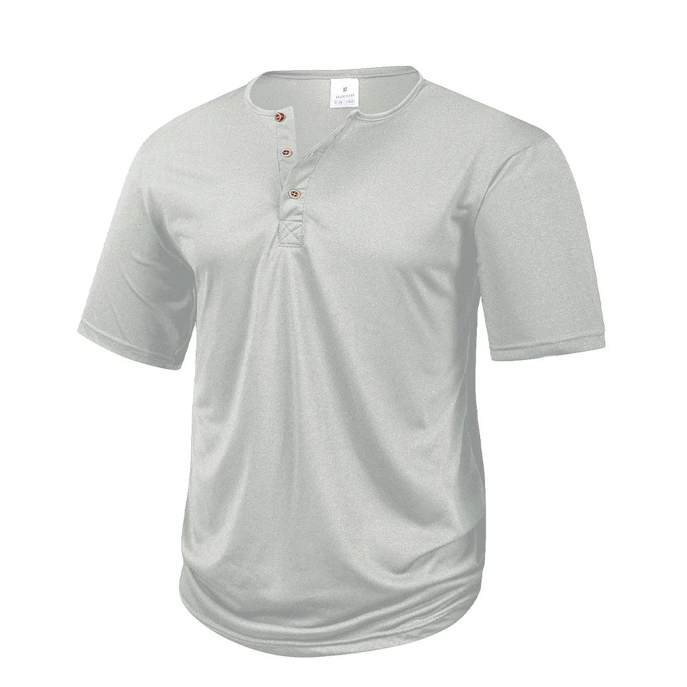 Men's Polyester Solid Short-Sleeve Henley T-Shirt with Button Placket for Casual Outfits
