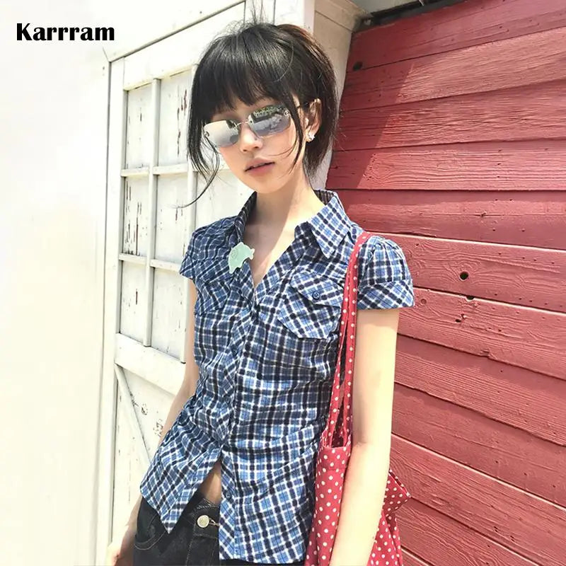 Women's Checked Collared Short Sleeve Shirt