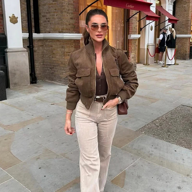 Women's Stand Collar Pocket Zip Front Jacket for Layered Outfits