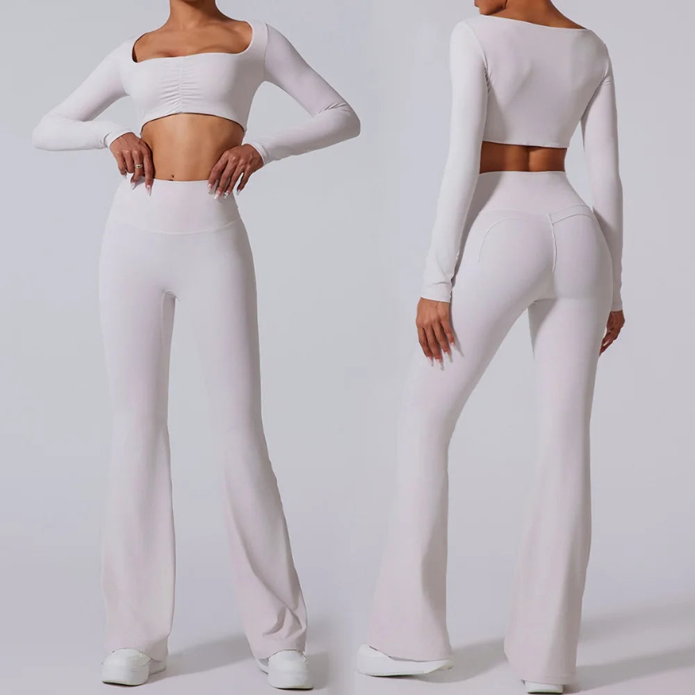 Women's Long-Sleeve Crop Top and Flared Pants Workout Set