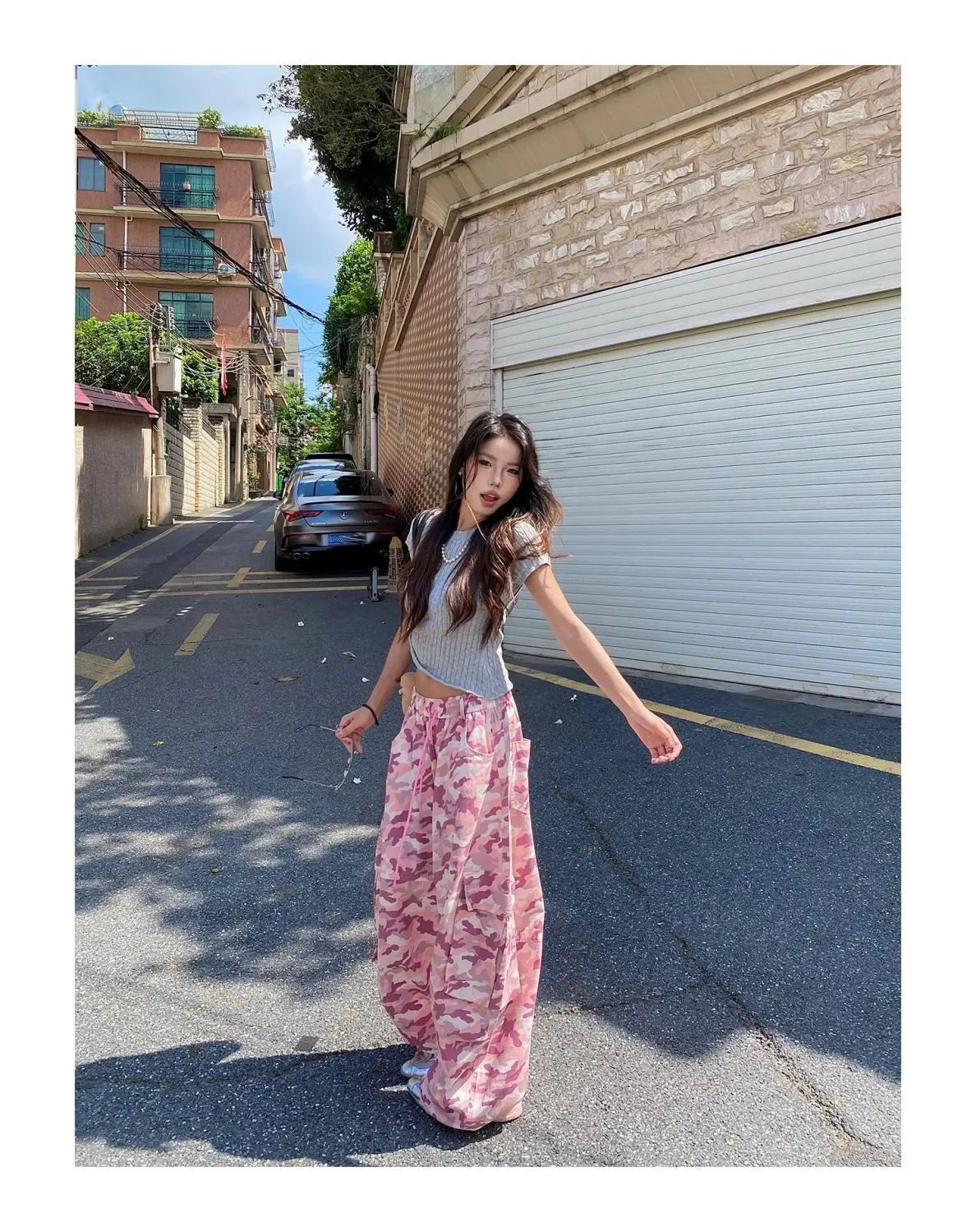Women's Pink Camouflage Cargo Pants with Wide Legs and Drawstring Waist
