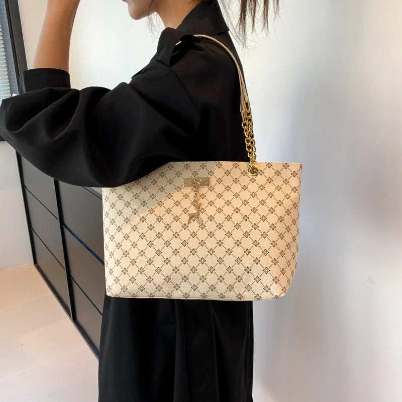 Patterned Tote Handbag with Chain Details and Shoulder Handles