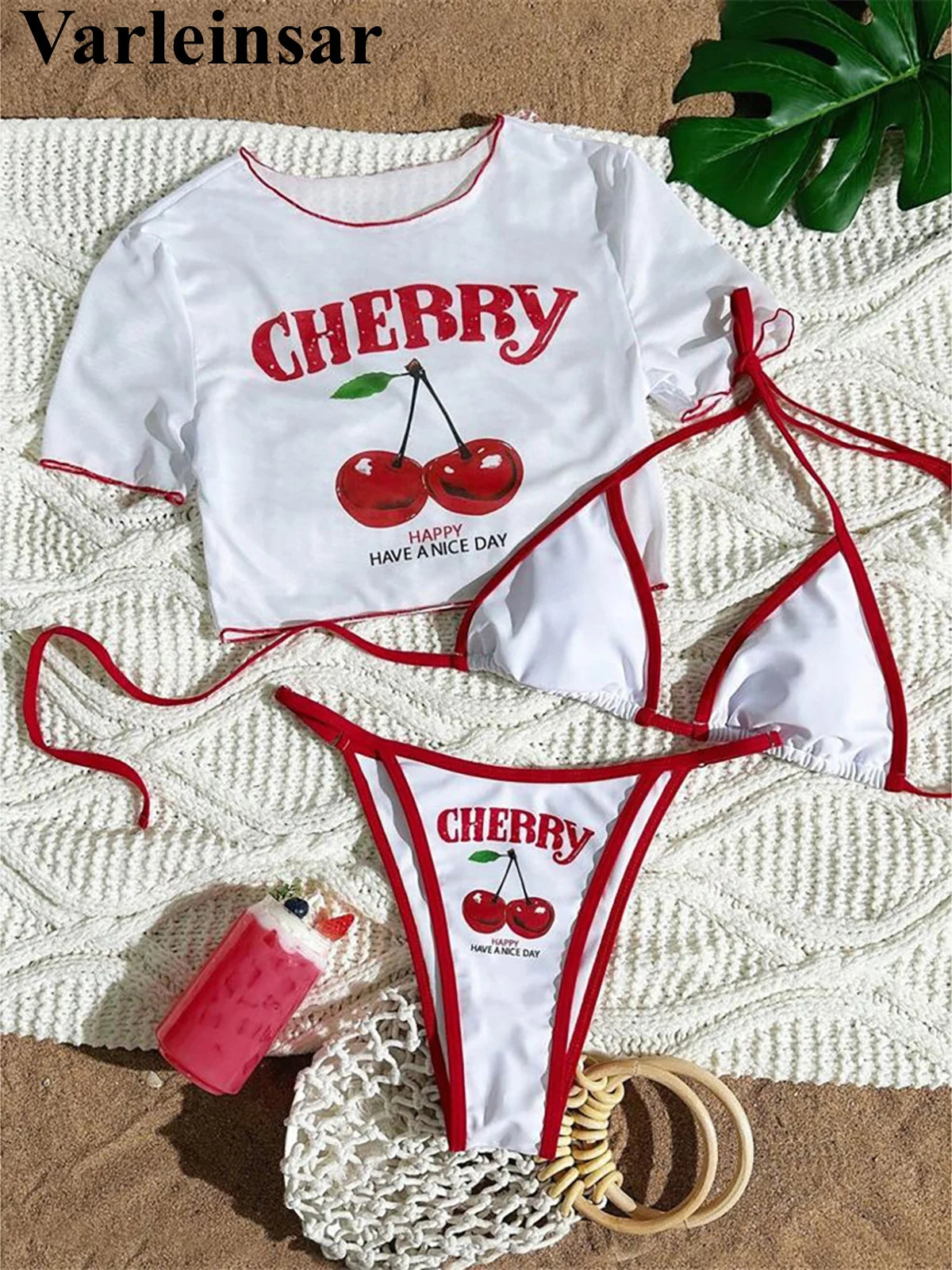 Cherry Print Bikini with Short Sleeve Cover-Up