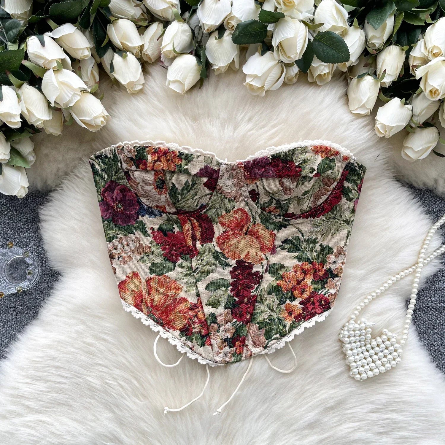 Women's Floral Tapestry Print Polyester Bustier Crop Top with Lace Up Back