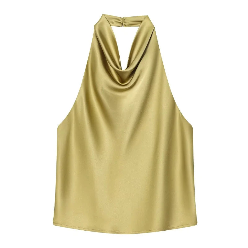 Women's Satin Polyester Halter Camisole with an Open Back and Draped Front