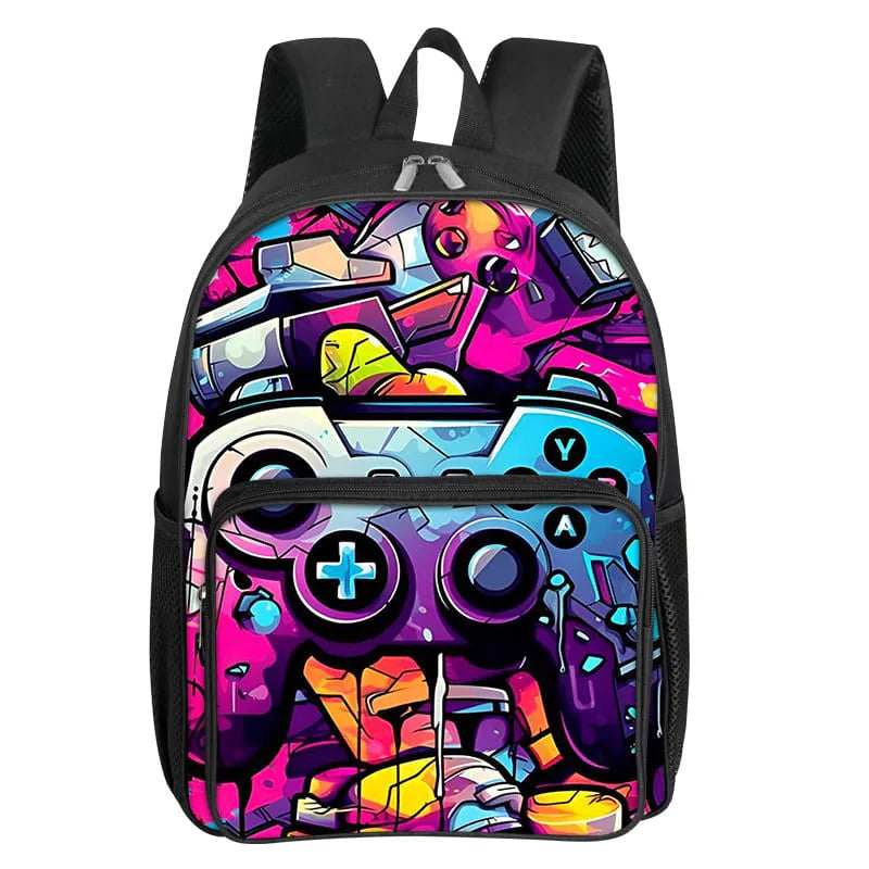 Children's Gamepad Print Backpack with Front Pocket and Twin Shoulder Straps