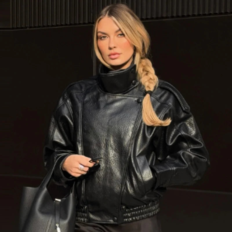 Women's Cropped Leather-Look Zip-Front Jacket