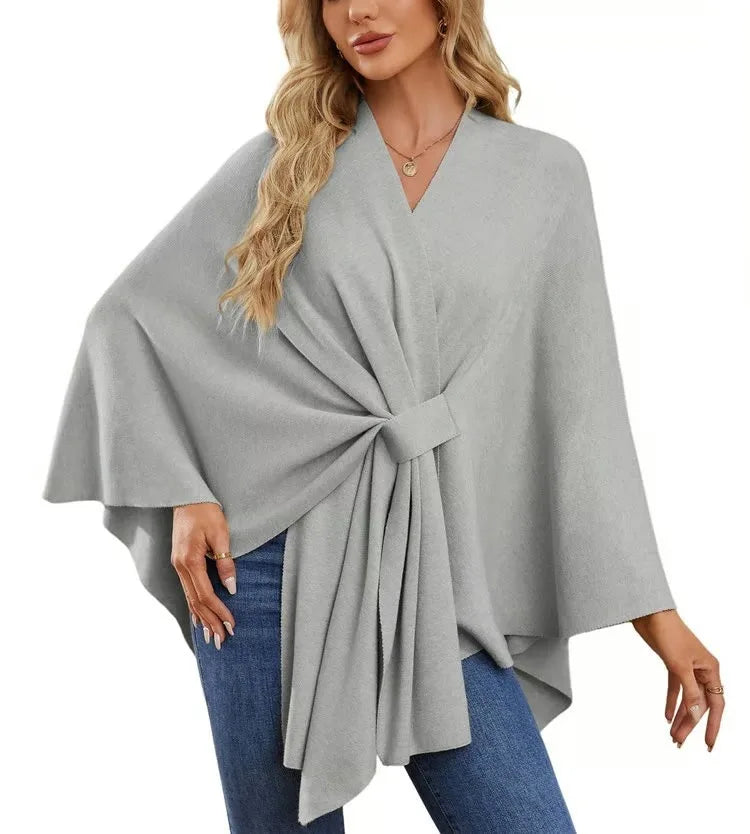 Ribbed Open Front Drape Poncho for Layering over Outfits