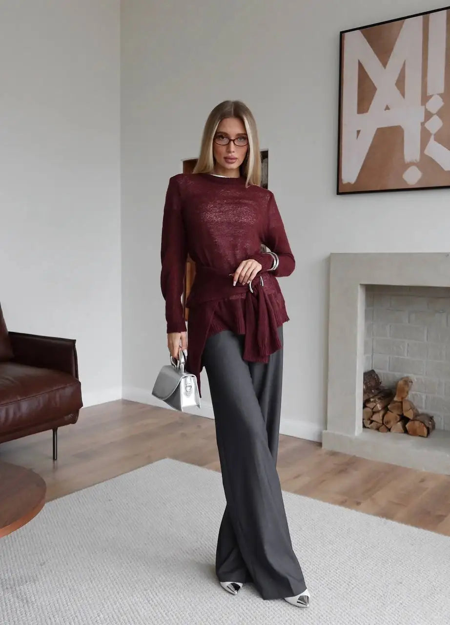 Women's Mixed Neck Long Sleeve Knit Sweater Casual Knit Layer