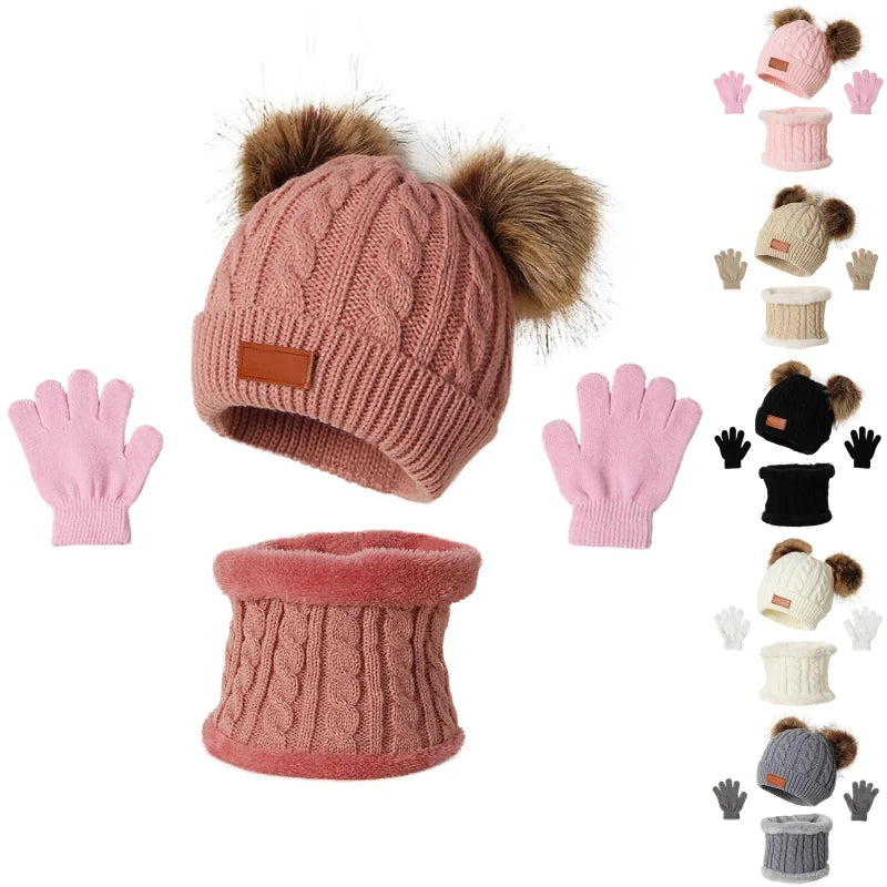 Children's Pom-Pom Hat Scarf and Gloves Knitted Set for Winter Wear