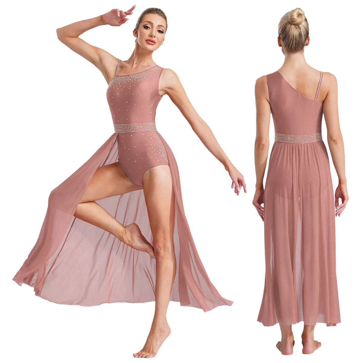 Women's Sleeveless Rhinestone Lyrical Dance Dress with Long Split Mesh Skirt