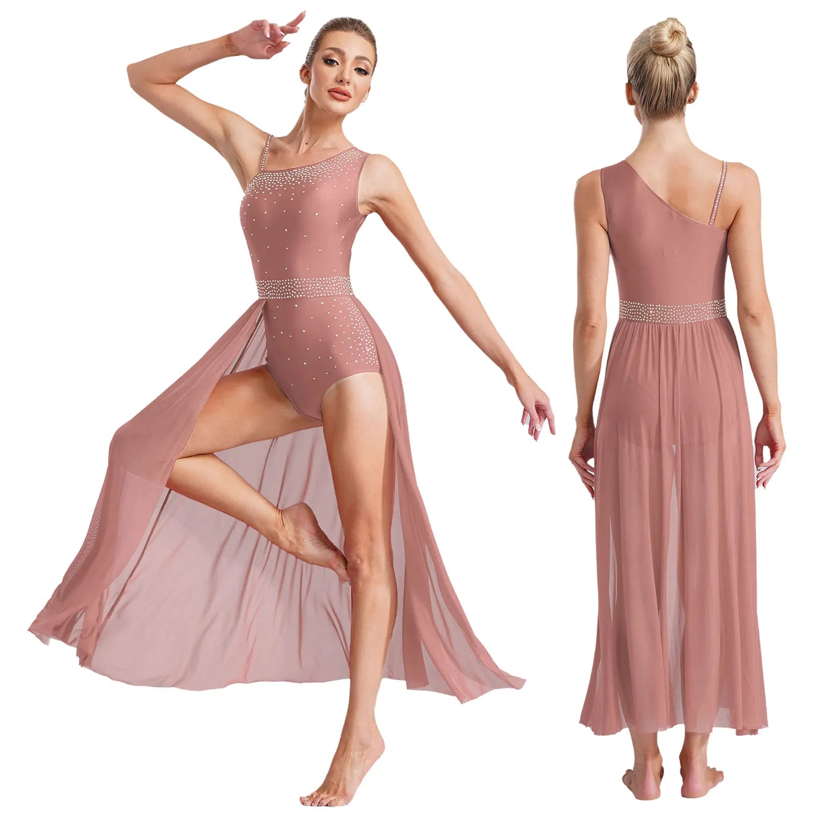 Women's Asymmetric Rhinestone Dance Dress with Split Mesh Skirt Styles