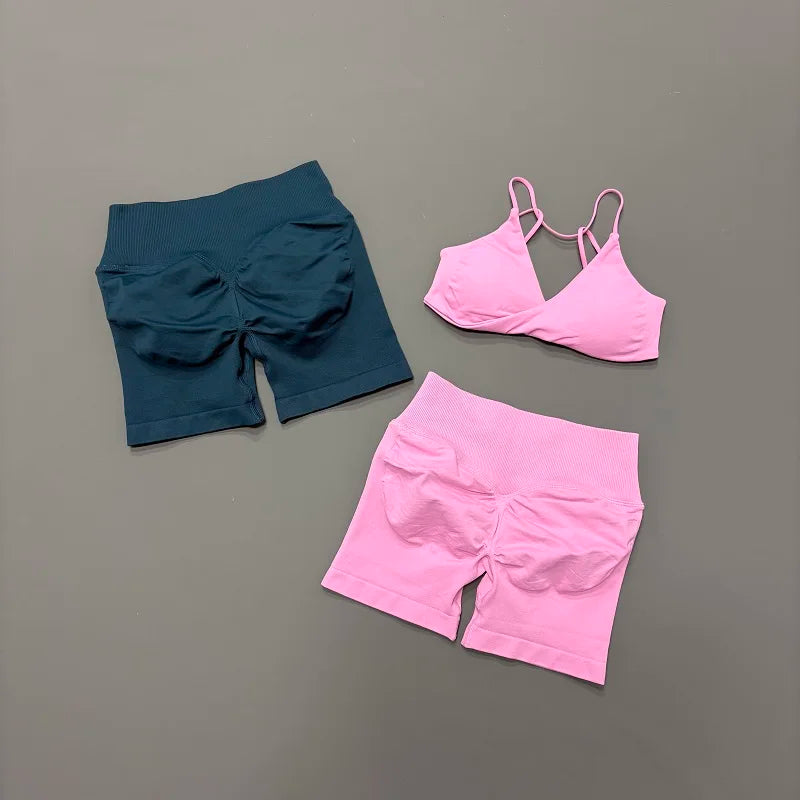 Women's Strappy Bra And Shorts Yoga Set For Workout Outfits