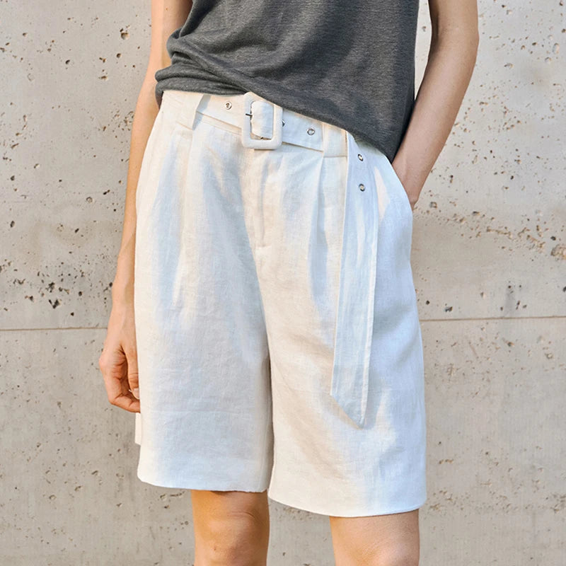 Women's Linen High-Waist Straight Shorts with Pockets Tie Detail and Zipper Fly