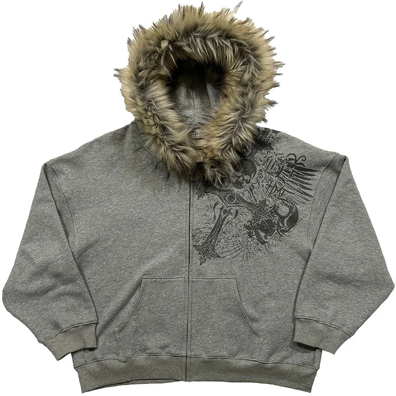 Fluffy Trim Long Sleeve Full Zip Casual Hoodie