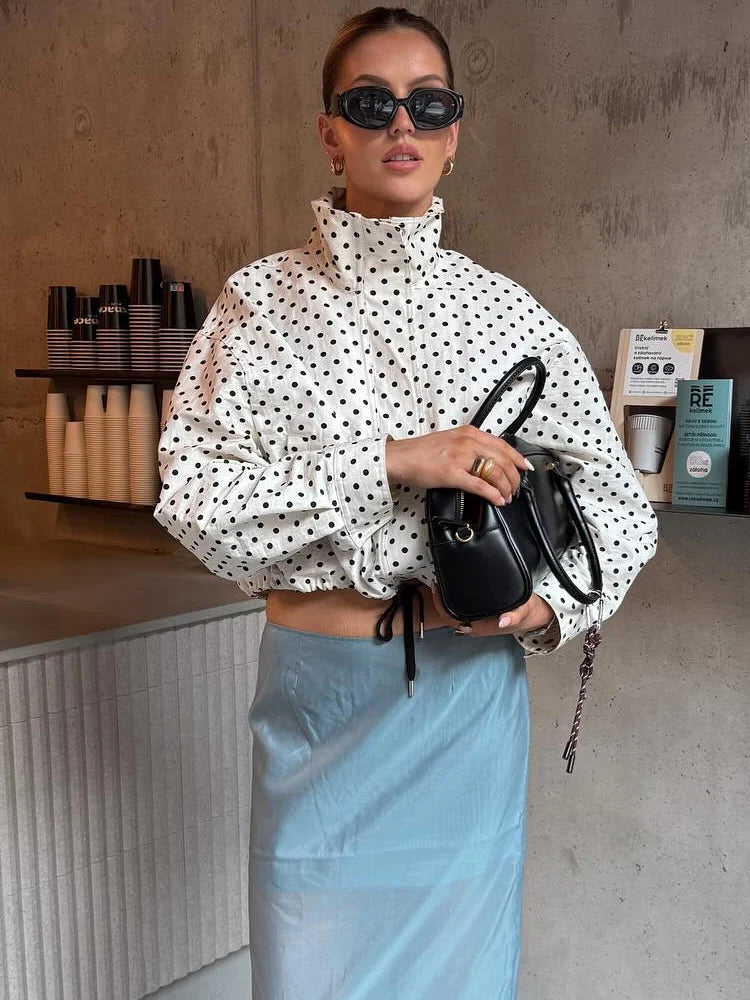 Women's Polyester Polka-Dot Long-Sleeve Zip-Front Collared Jacket with Pockets for Casual Outfits