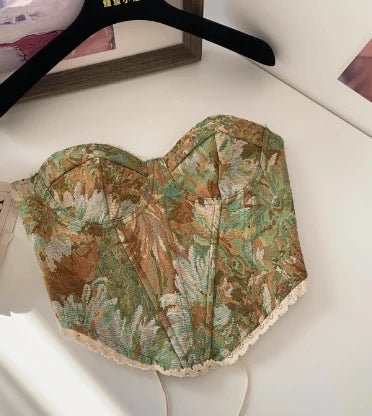 Women's Floral Tapestry Print Polyester Bustier Crop Top with Lace Up Back