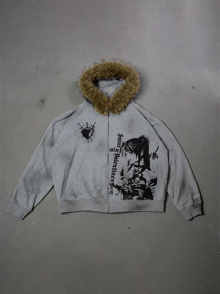 Fluffy Trim Long Sleeve Full Zip Casual Hoodie