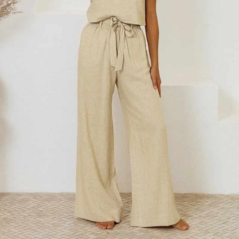 Women's Linen-Lyocell High-Waist Wide-Leg Pants with Elastic Tie Waist and Side Pockets